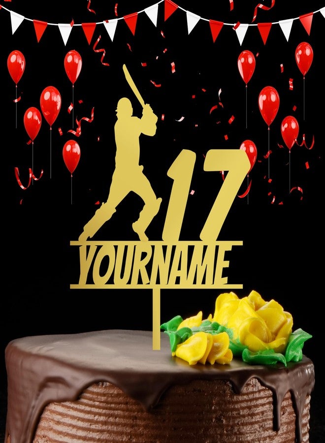 Yellow Nuts Personalised Cricket Cake Topper For Birthday Acrylic Golden Sports Theme Boys Mens Girls Wedding Anniversary Props Cake Decor Decoration (Style 2) - Image 1
